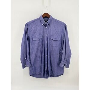 Lucchese Mens Blue Herringbone Western Button Down Shirt MD Long Sleeve Cotton
